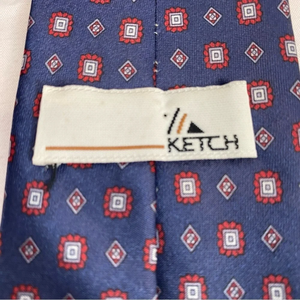 Vintage Ketch Silk Tie – Navy Blue Red Geometric Pattern